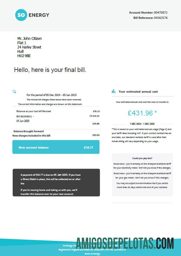 Em branco modelo de fatura de serviços públicos de energia do Reino Unido em formatos Word e PDF